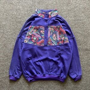 VTG 90s Purple Half Button Pullover Sweatshirt Women’s M Retro Floral Streetwear